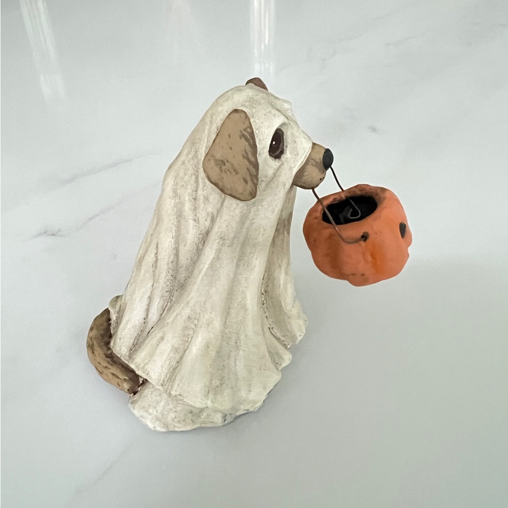 Bethany Lowe Spooky Halloween Ghost Dog with pumpkin Candy Bowl 3.5" Tall - Picture 4 of 10